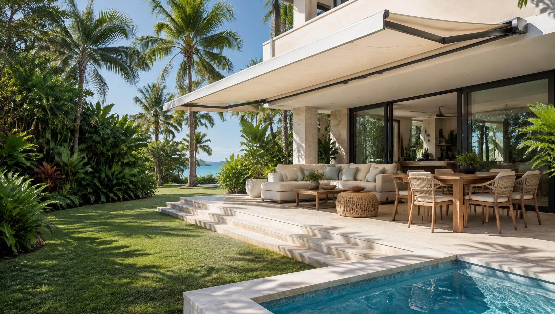 Terraza tropical con un toldo retráctil y vista al jardín